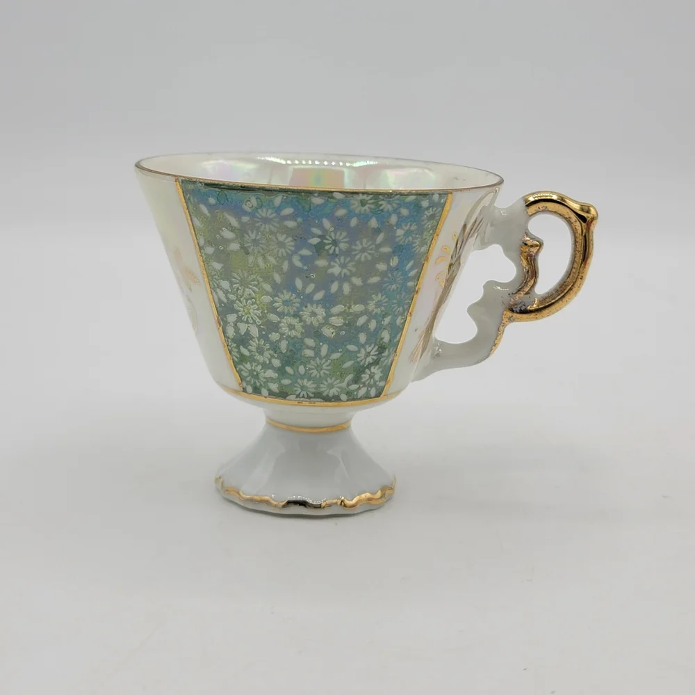 Japanese Lusterware Demitasse Cup Saucer Gold Trim Iridescent Floral Panels Vtg